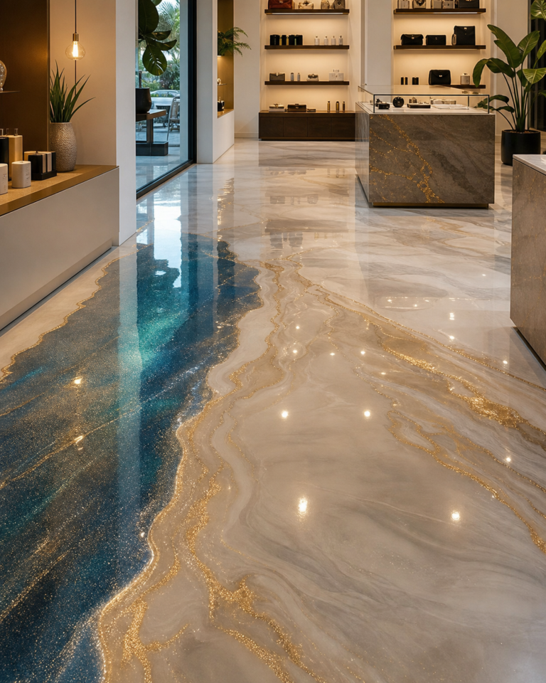 Sol epoxy effet marbre pour boutique a Dakar : rendu brillant premium