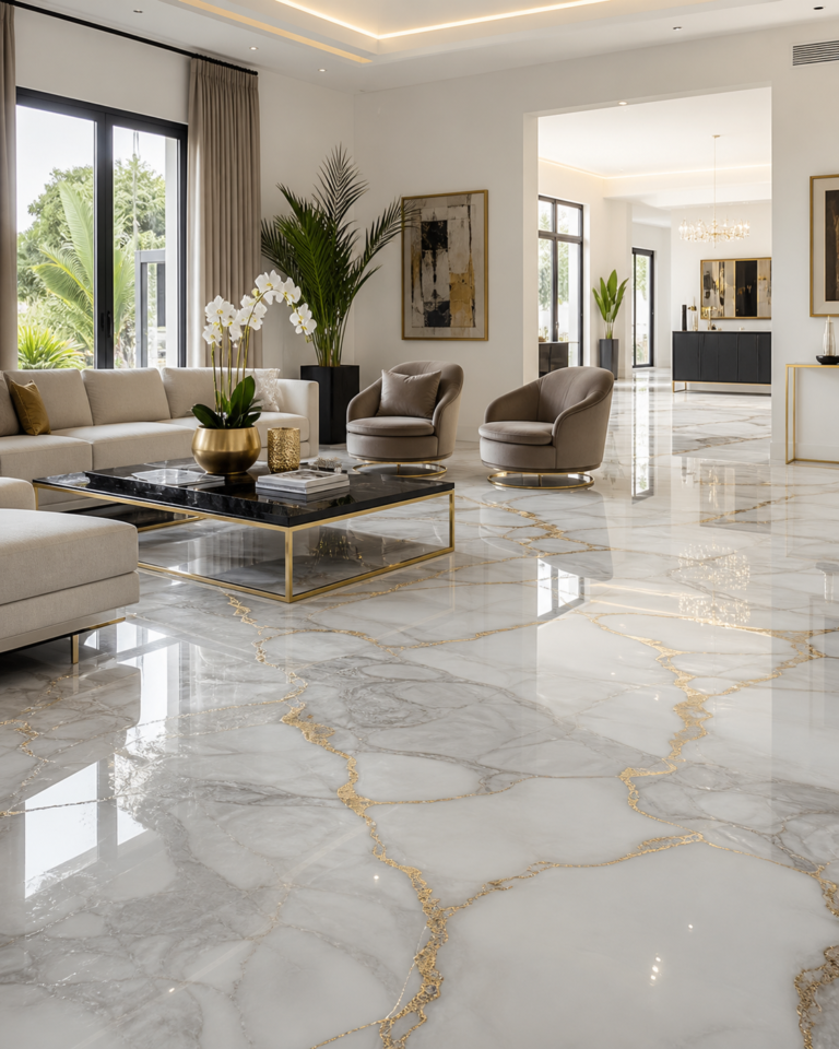 Sol epoxy effet marbre brillant dans un interieur a Dakar