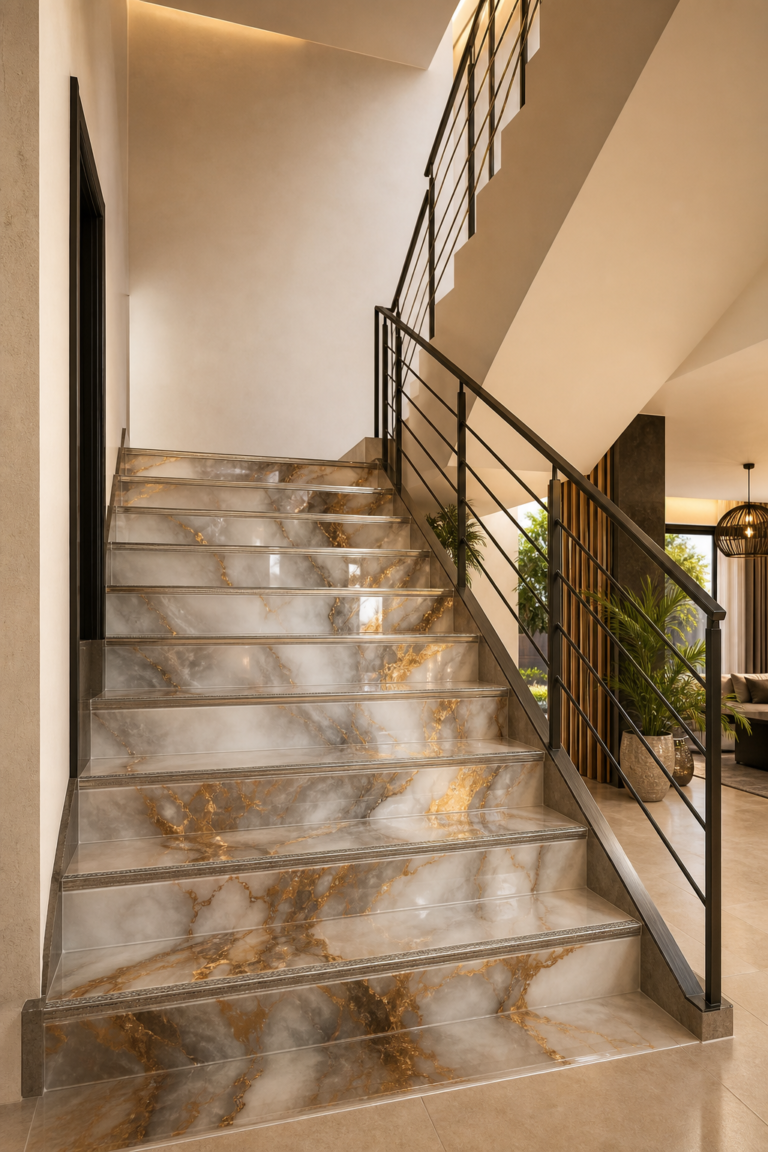 Escalier intérieur en résine époxy effet marbre avec accents dorés à Dakar