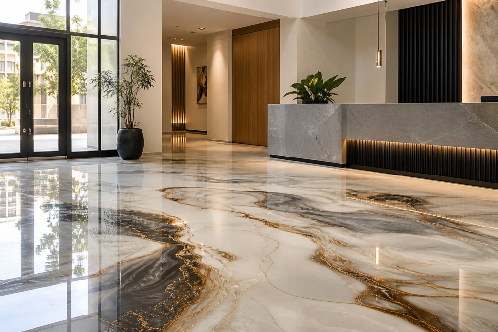 Hall d'accueil premium avec sol époxy effet marbre gris crème et accents dorés à Dakar