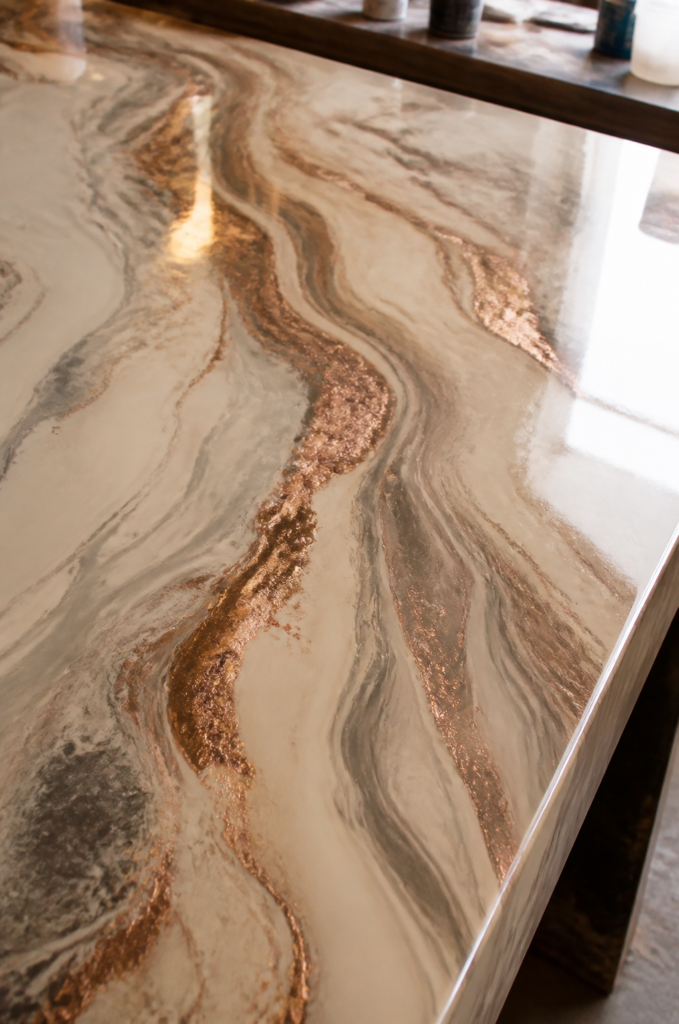 Comptoir en resine epoxy effet marbre cuivre dans un interieur premium a Dakar