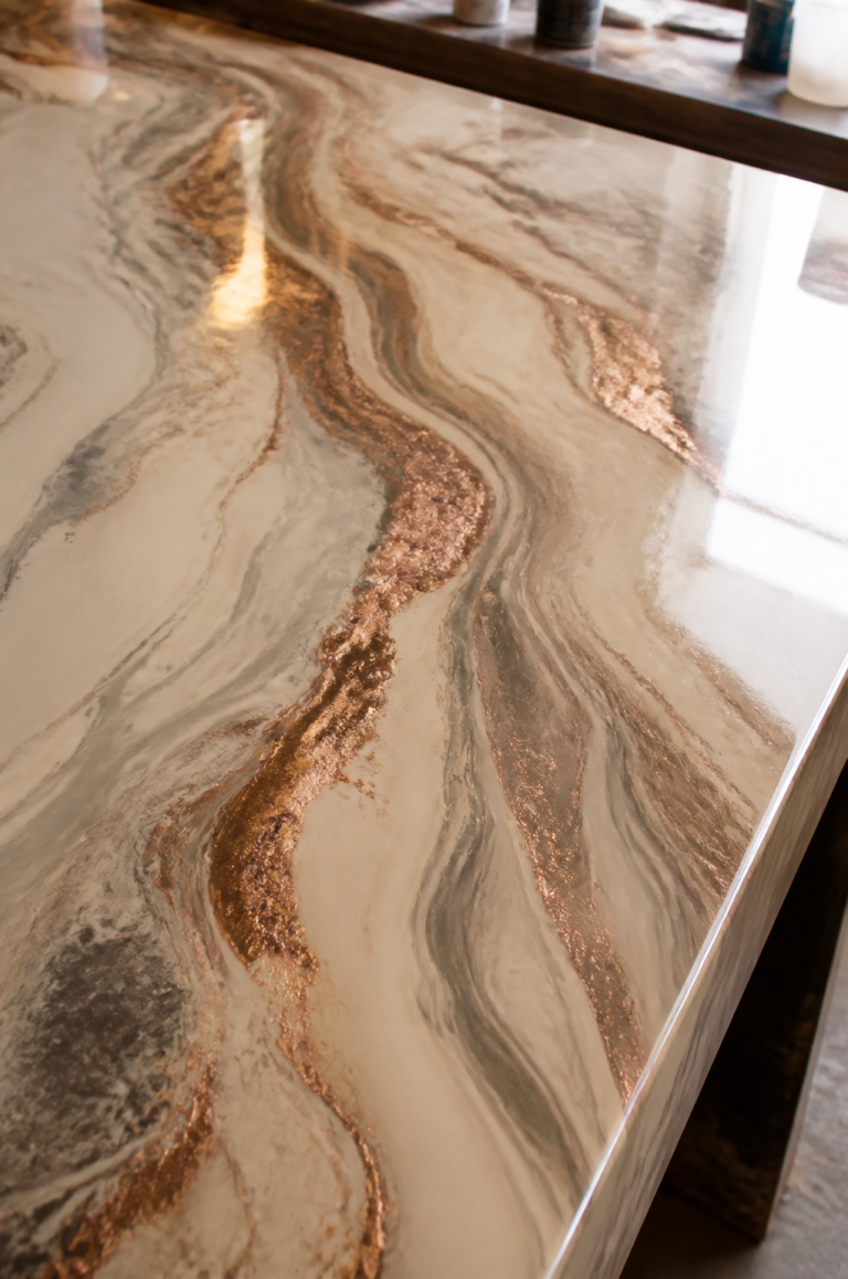 Comptoir en resine epoxy effet marbre cuivre dans un interieur premium a Dakar