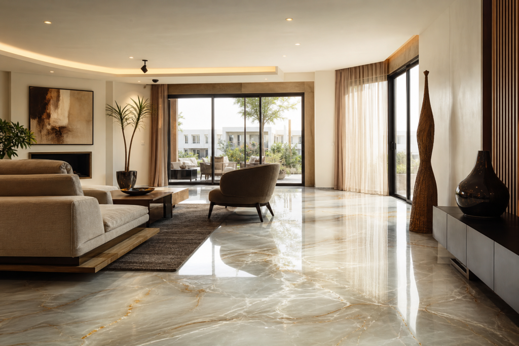 Sol en résine époxy effet marbre dans une villa moderne à Dakar