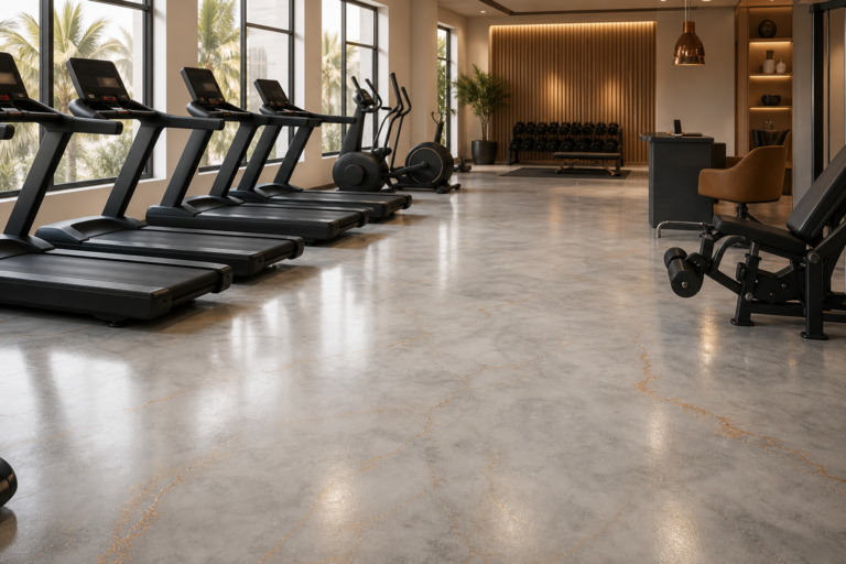 Sol époxy dans une salle de sport moderne à Dakar avec équipements fitness et surface facile à entretenir