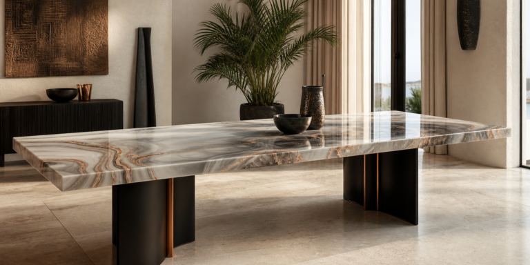 Table en resine epoxy effet marbre creme gris et cuivre dans un interieur premium a Dakar