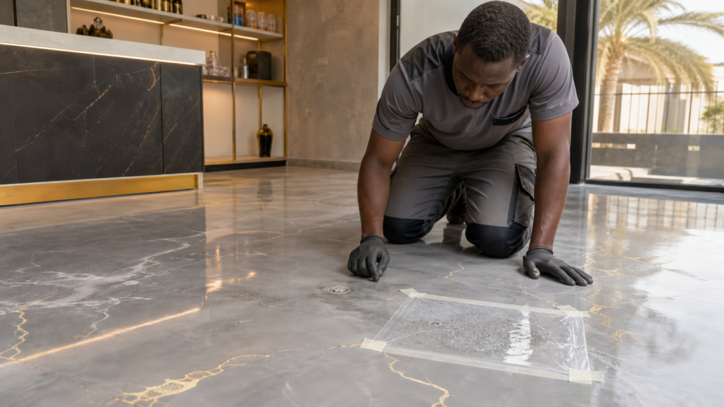 Technicien inspectant une cloque et un test d'humidite sur un sol epoxy a Dakar