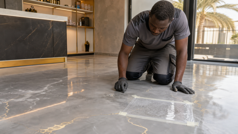 Technicien inspectant une cloque et un test d'humidite sur un sol epoxy a Dakar