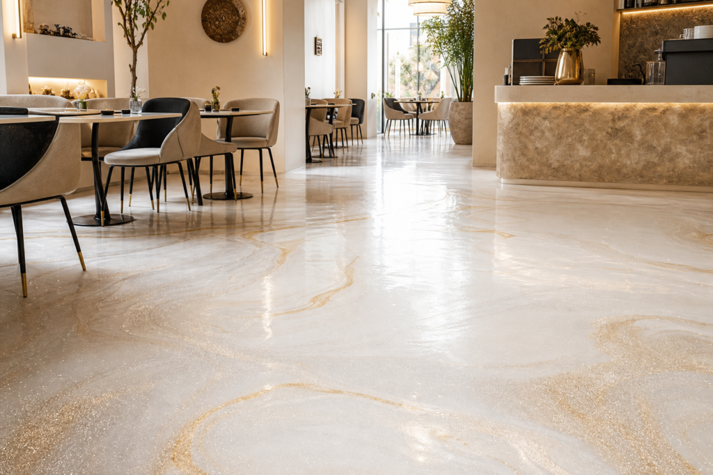 Sol époxy blanc champagne métallisé avec micro-paillettes dans un restaurant moderne à Dakar