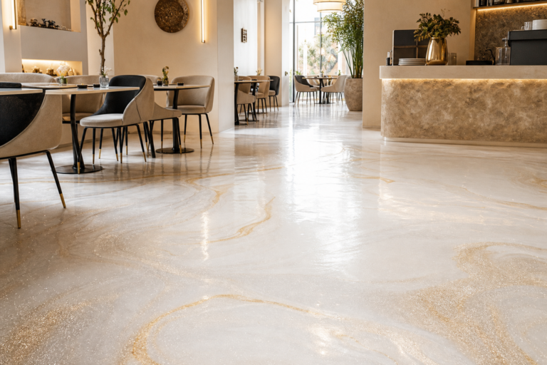 Sol époxy blanc champagne métallisé avec micro-paillettes dans un restaurant moderne à Dakar