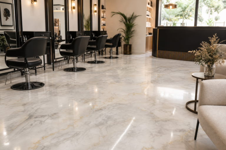 Sol en résine époxy effet marbre dans un salon de beauté moderne à Dakar